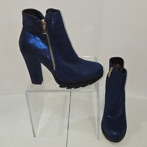 DbDk Fashion Omaha-1 Blue Metallic Snake Print Platform Ankle Boots womens 8.5